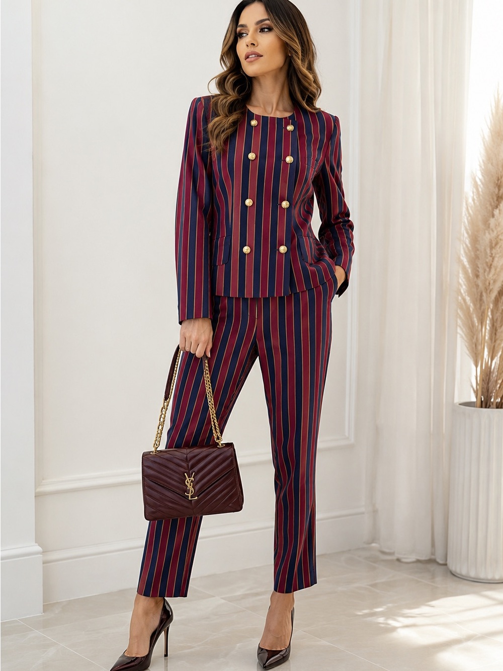 Laurel Wool Pant Suit EU 42 US 10 Portugal Navy Burgundy Striped VTG Gold Btns